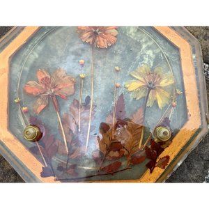 Lucite Plastic Resin Footed Trivet Dried Flowers and Leaves Vintage 70’s